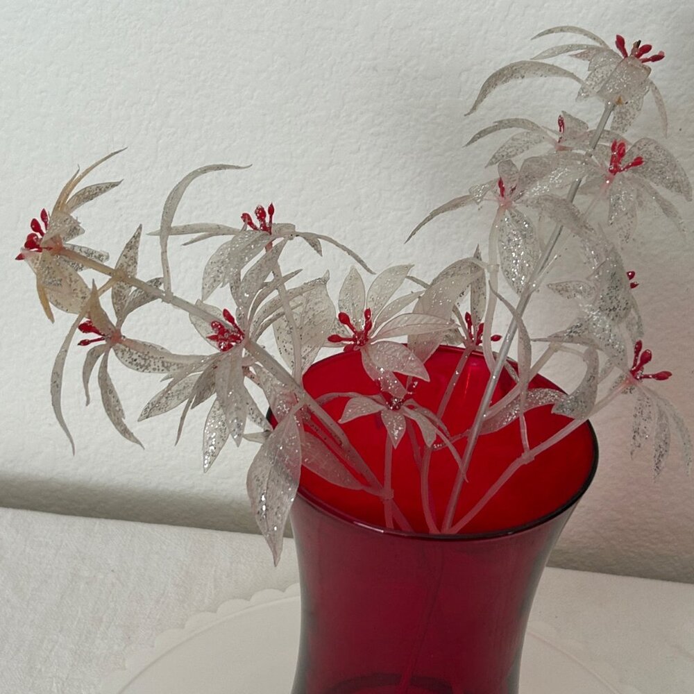 VINTAGE Set 2 Plastic Glittered White Poinsettia Flower Picks